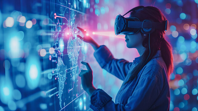 Menina jovem usando &oacute;culos de realidade virtual, interagindo com um mapa hologr&aacute;fico do mundo, enquanto ao fundo uma grande cidade permanece desfocada