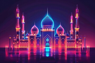 Fototapeta na wymiar Neon light mosque background islamic generative ai