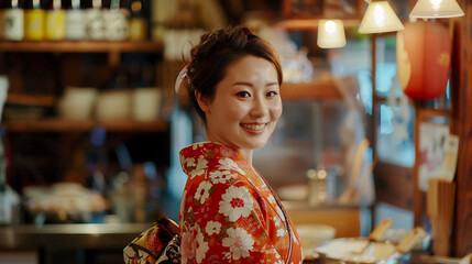 料理屋の若い和服女性店員。女将、日本 - obrazy, fototapety, plakaty
