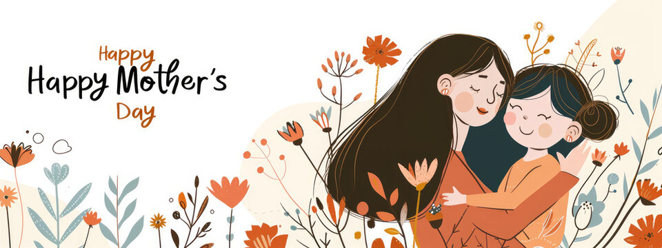 Mother's Day poster design, flat illustration style, with a mother holding a baby in her arms and a happy expression