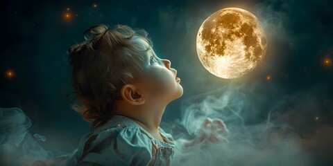 Curious Baby Reaching for the Mesmerizing Celestial Moon in a Dreamy Starry Night Sky
