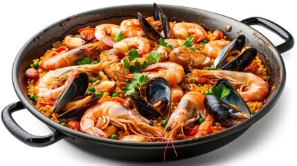 Delicious spanish paella seafood in a dark pan Isolated on white background. AI generated image