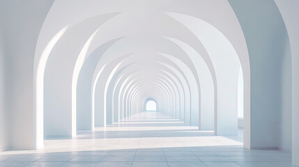 An infinite white archway corridor with a minimalist aesthetic.