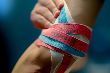 Close-Up Image of Elbow Wrapped with Supportive KT therapeutic Tape for Pain Relief - obrazy, fototapety, plakaty
