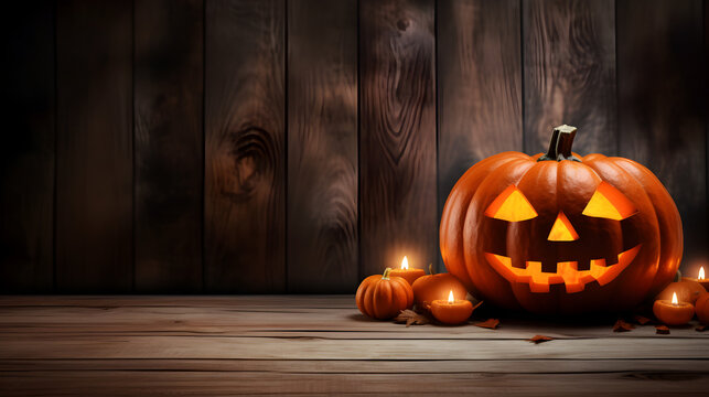 Spooky halloween background with empty wooden planks dark horror background,Spooky Pumpkin Backdrop On Rustic Floor With Bokeh 3d Effect