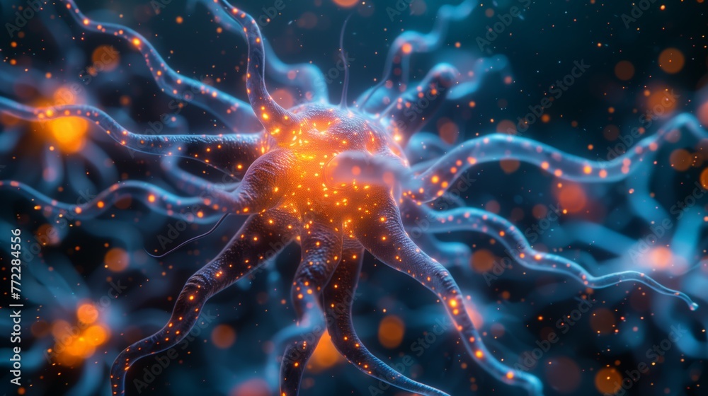 Poster Illuminated Neuron Cell in Close-Up at a Microscopic Level