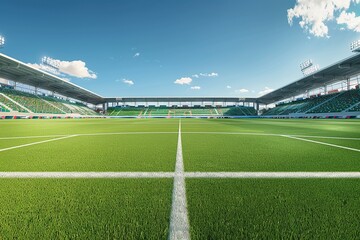 realistic view from middle of football pitch, filled stadium during the da