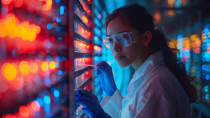 Female Scientist Analyzing Samples in a Modern Laboratory at Night