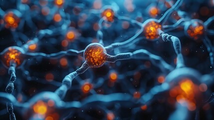 Neural Network Synapses Illuminated in Blue and Orange - obrazy, fototapety, plakaty
