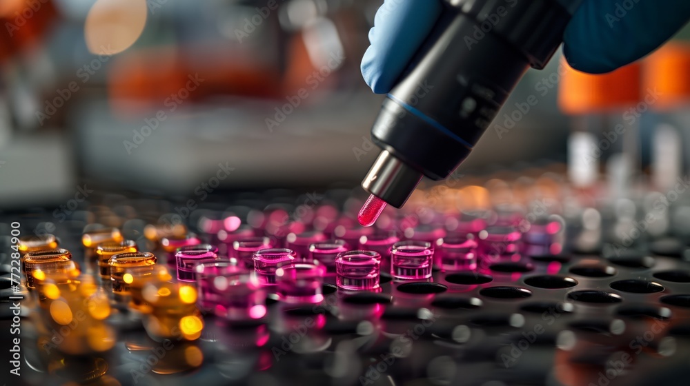 Poster Close-Up of Automated Pipetting in Progress at Modern Laboratory