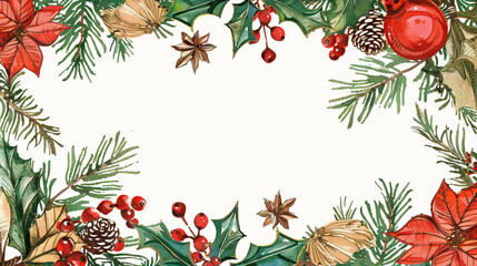Christmas background with Branches of spruce, green leaves, cones, ornaments in red and holly berry with copy space.