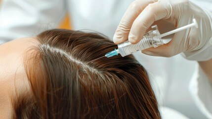 Hair regeneration, Plasma injection into the hair on a woman 's head .a cosmetologist makes plasma injections into the scalp - obrazy, fototapety, plakaty