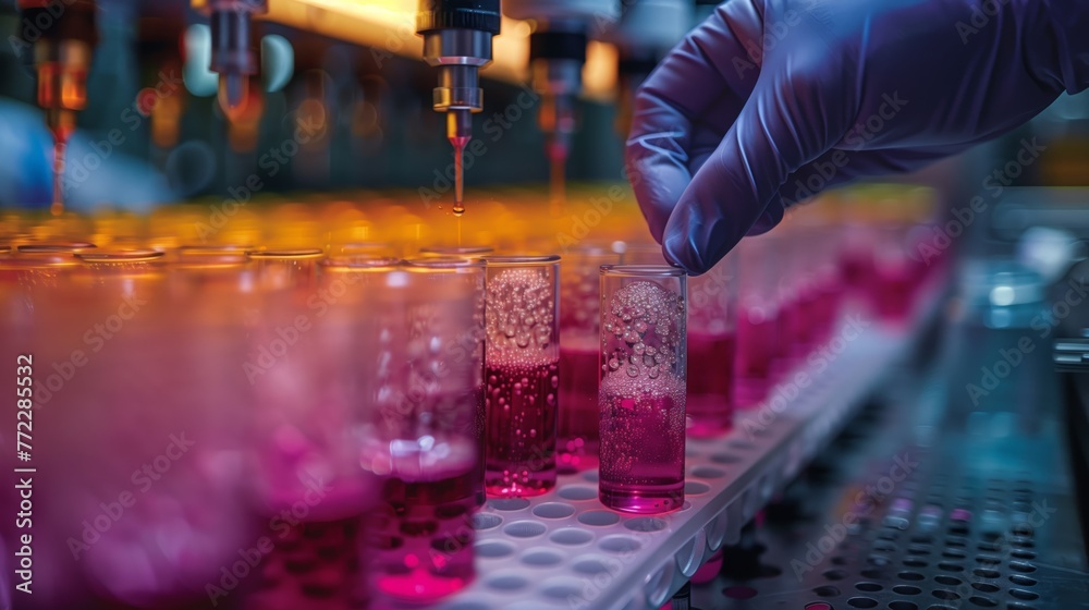 Poster precision lab work: gloved hand pipetting into test tubes with red liquid
