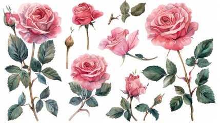 Watercolor rose clipart in various colors and angles - obrazy, fototapety, plakaty
