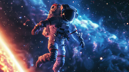 Astronaut Floating in Space with Nebula and Planets