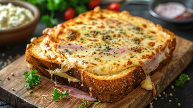 Tasty hot french croque monsieur sandwich bread on wooden board. AI generated image