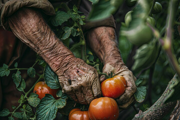 Farmer hands collecting cutting tomato crop from tree. Harvesting tomato crop
