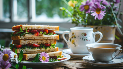Vegetarian Sandwich with Tea and Flowers on a Wooden Table
