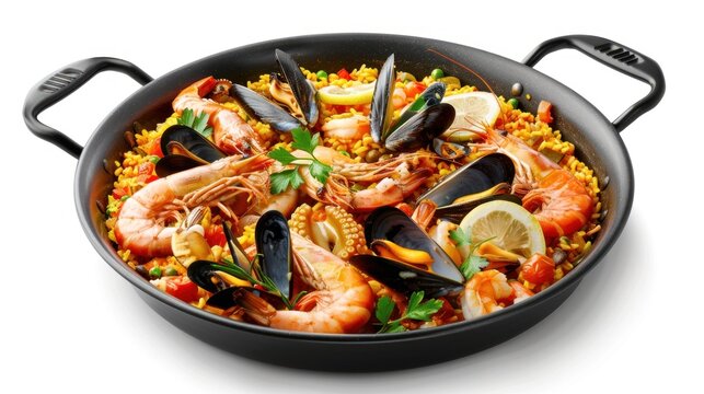 Delicious spanish paella seafood in a dark pan Isolated on white background. AI generated image