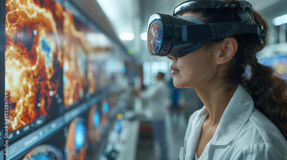 Poster Female Scientist Analyzing Data With Virtual Reality Headset in Hi-Tech Laboratory