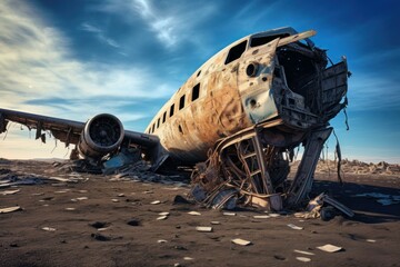 Crumbling Ruined old airplane. Abandoned travel plane broken aviation. Generate Ai