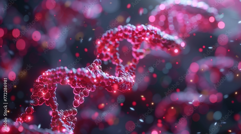 Poster sparkling dna helix structure in vivid red and pink hues