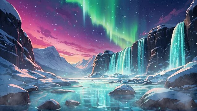 Tranquil 4k video footage showcasing the mesmerizing display of the aurora borealis amidst a snowy landscape with a radiant moon and frozen waterfall.