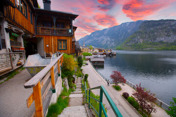 Famous Hallstatt mountain village in the Austrian Alps at sunrise, Austria