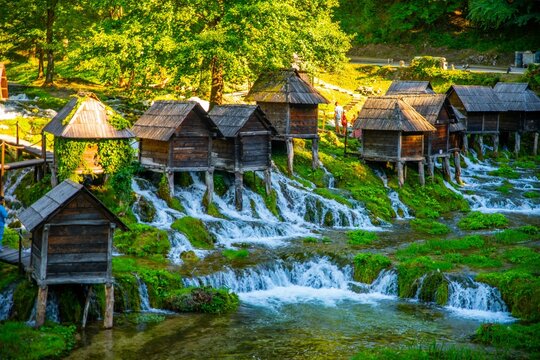 Scenic view of the flowing Jajce watermills in Jezero, Bosnia and Herzegovina