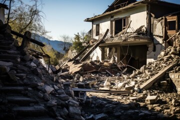 Fragmented Ruined house after earthquake. Insurance concrete. Generate Ai
