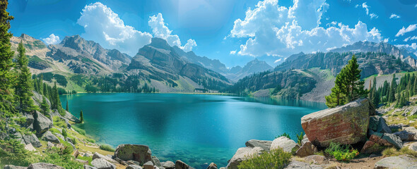 panoramic photo of a lake in the rocky mountains, with a blue sky, green trees, turquoise water, and a mountain range