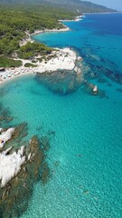 Aerial view of the shoreline of Kavourotrypes Beach, Sitonia, Halkidiki, Greece