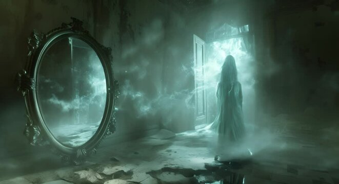 A haunted mirror revealing glowing phantoms instead of reflections