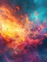 Vibrant musical notes in ethereal, dreamy sky, majestic and luminous, wide panoramic view, surreal