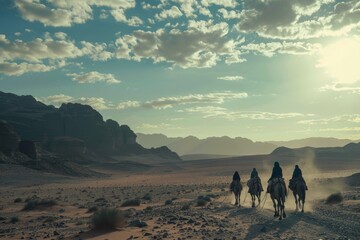 Desert Journey: Camel Caravan Across the Dunes - obrazy, fototapety, plakaty
