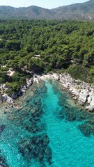 Aerial view of the shoreline of Mega Portokali Beach, Sitonia, Halkidiki, Greece
