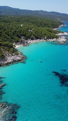 Obraz premium Aerial view of the shoreline of Paradise Beach, Sitonia, Halkidiki, Greece
