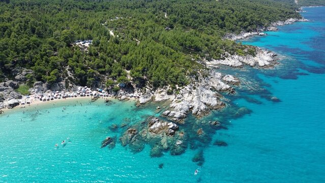 Aerial view of the shoreline of Paradise Beach, Sitonia, Halkidiki, Greece