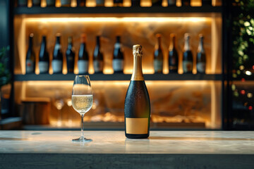 Mockup bottle of wine is on a shelf next to a wine glass