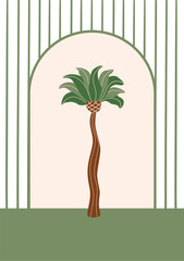 Tropical palm tree poster. Hand drawn palm tree framed, cute summer beach vector card. Botanical illustration for wall art, greeting, invitation, decorative plant into striped background. - 772288915