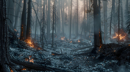 A forest ravaged by wildfires, with charred trees and smoldering embers - obrazy, fototapety, plakaty