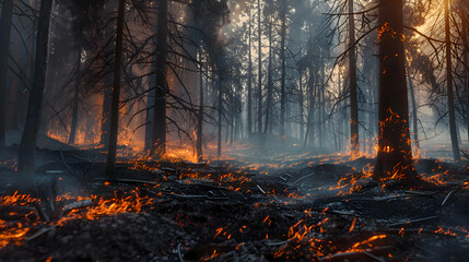 A forest ravaged by wildfires, with charred trees and smoldering embers - obrazy, fototapety, plakaty