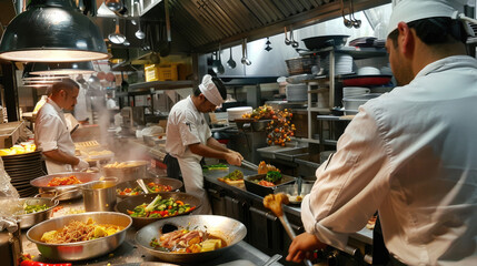 Professional Chefs in Action in a Busy Restaurant Kitchen - Chefs cooking in a busy restaurant...