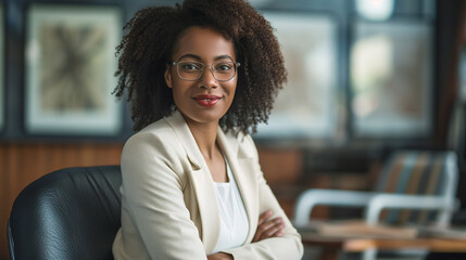 Joven ejecutiva afroamericana en una oficina moderna