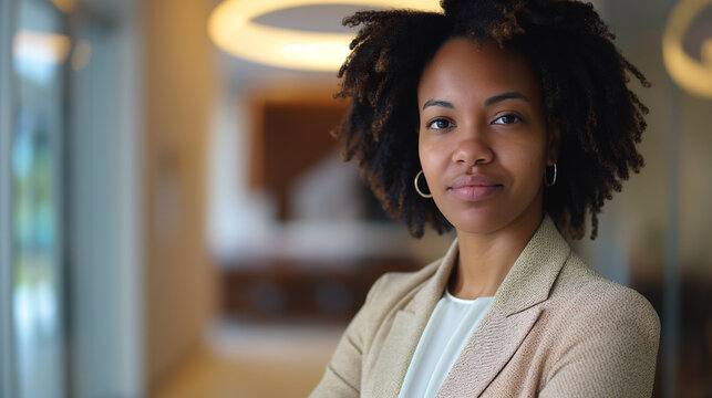 Joven ejecutiva afroamericana en una oficina moderna