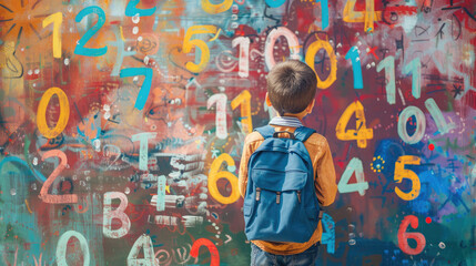 Young Boy Observing Colorful Alphabet and Number Wall - Young boy with backpack looking at colorful wall - obrazy, fototapety, plakaty