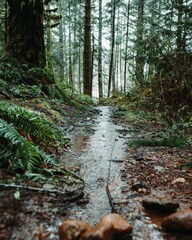 Vertical shot of a small creek flowing through a forest in Port Alberni