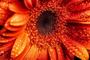 Closeup of a beautiful flower with glistening water droplets scattered across its petals