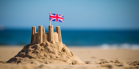 Sand castle on the coast with the flag of England. Generative AI. - obrazy, fototapety, plakaty