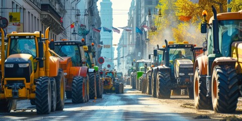 Farmers blocked traffic with tractors during a protest. Generative AI.